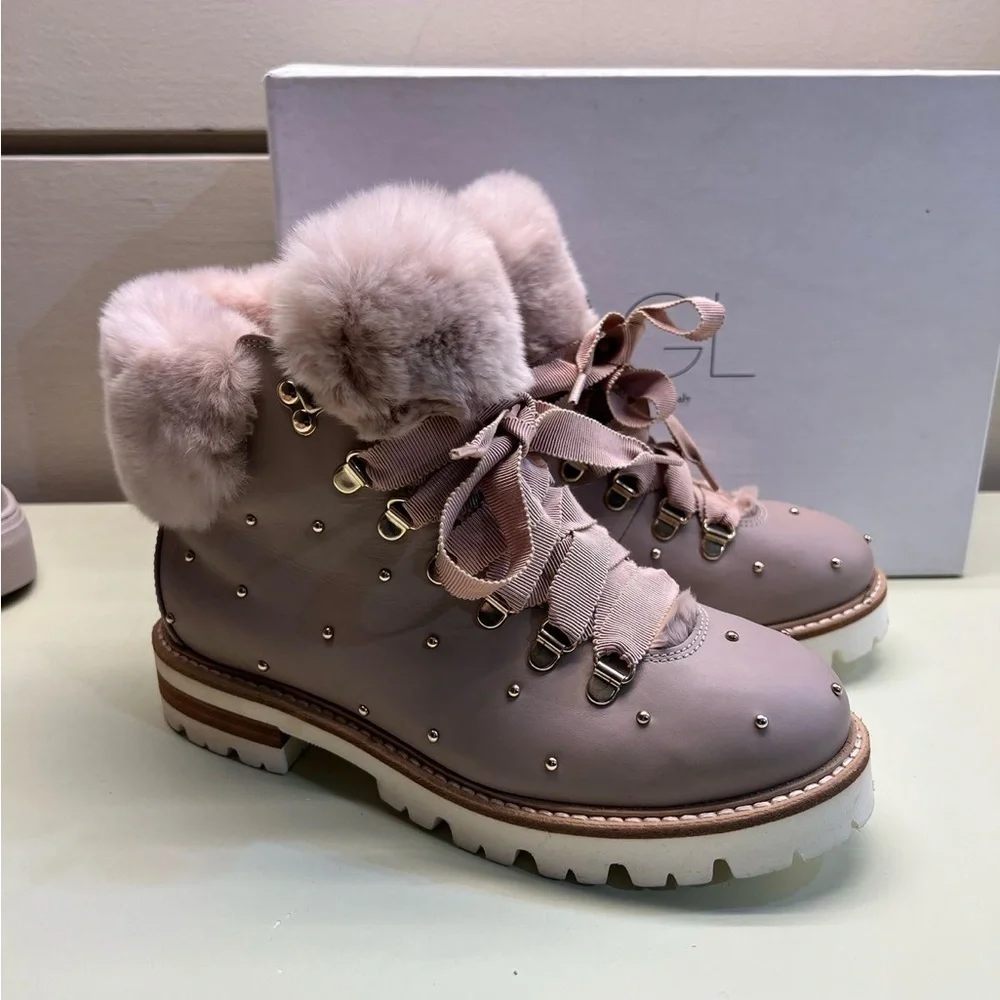 AGL MADE IN ITALY LEATHER Pink Winter Boots with Fur Trim and Ribbon Laces NWT